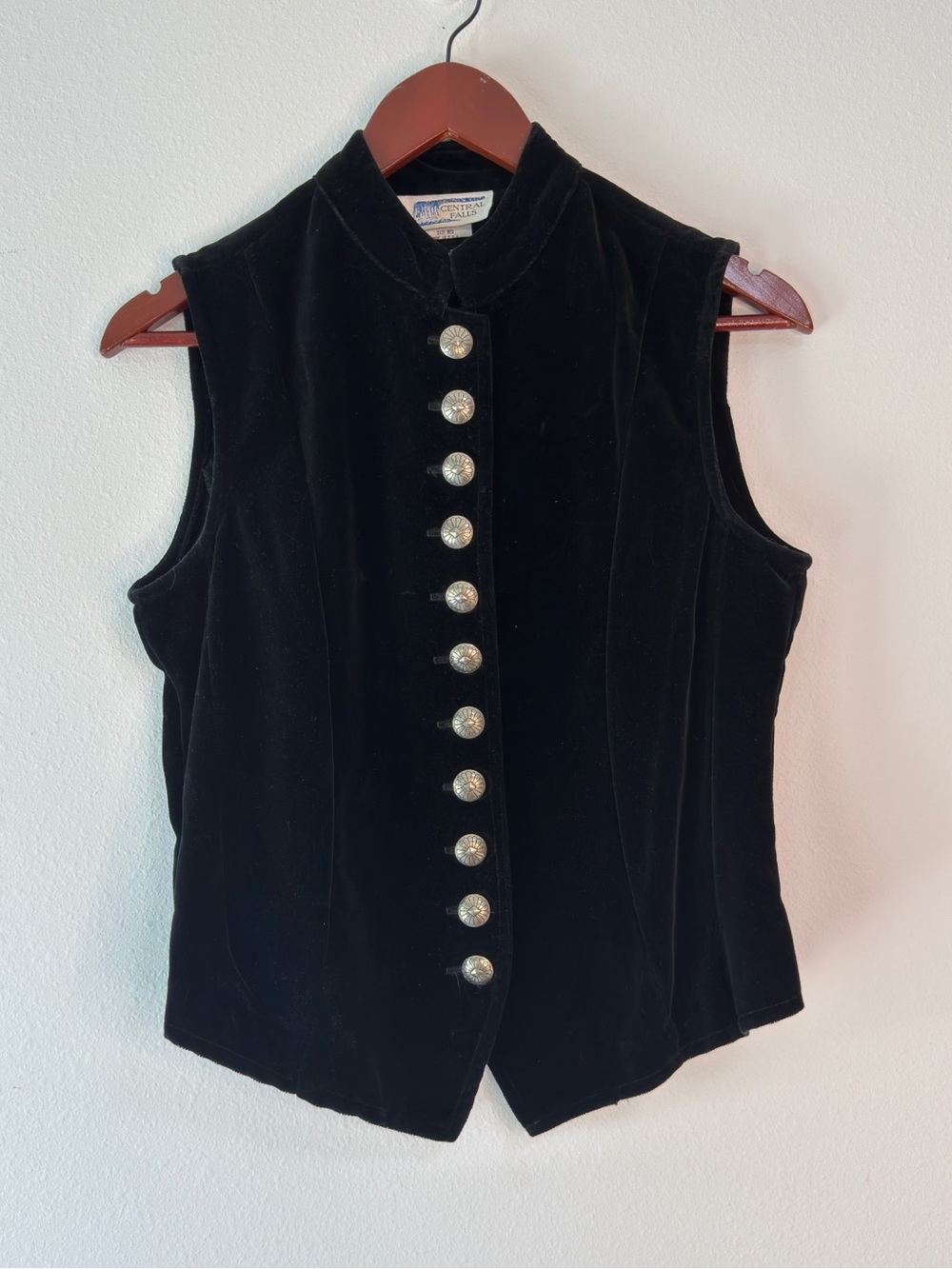 Vintage 90s Central Falls Black Velvet Vest Ornate Buttons Womens Goth Grunge